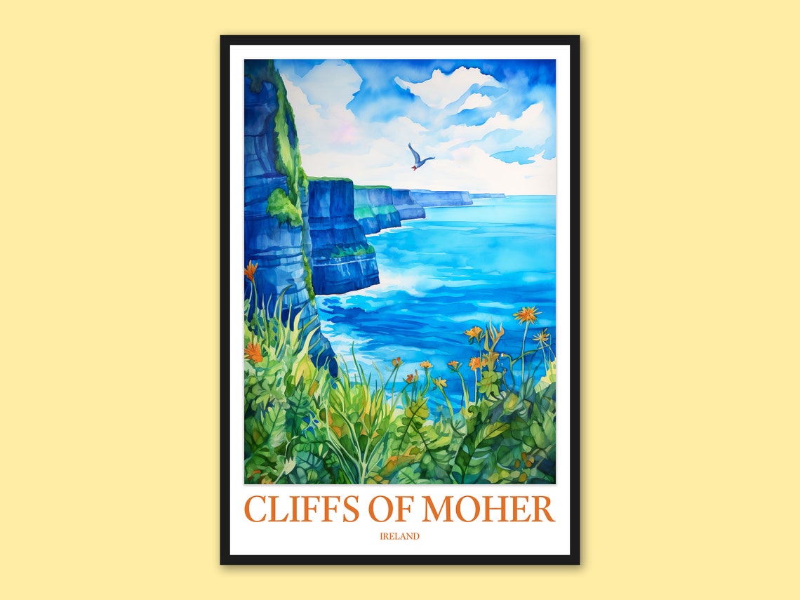 Cliffs Of Moher Ireland Wildflower Meadow Watercolor Travel Poster