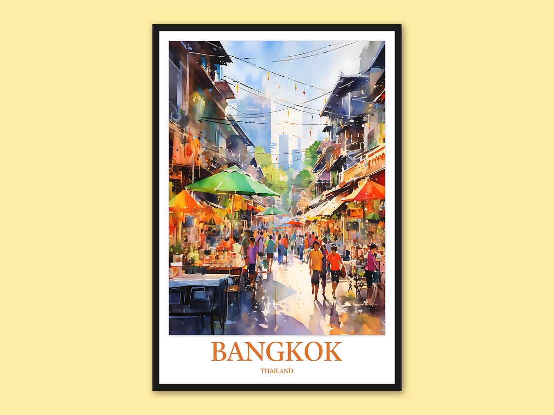 Bangkok Street Market Watercolor Travel Poster Thailand City Life Art