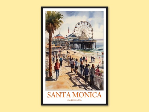Santa Monica Pier Ferris Wheel Watercolor Travel Beach California Poster