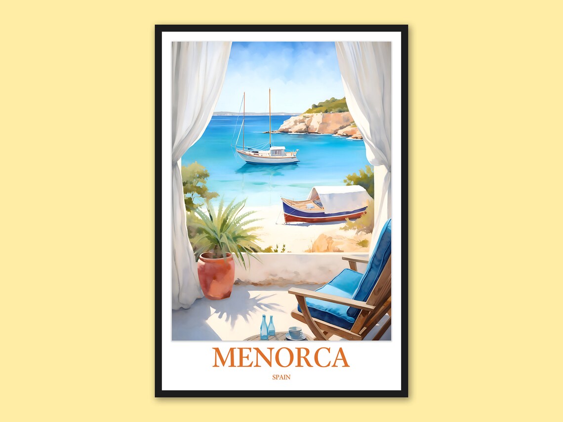 Menorca Spain Sunny Terrace Overlooking Anchored Boats Bay Poster