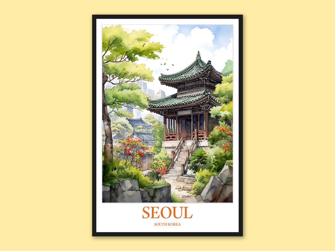 Seoul South Korea Pavilion Garden Watercolor Asia Travel Poster