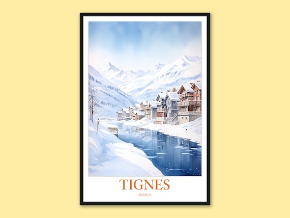 Tignes France Snowy Riverside Village Watercolor Travel Poster