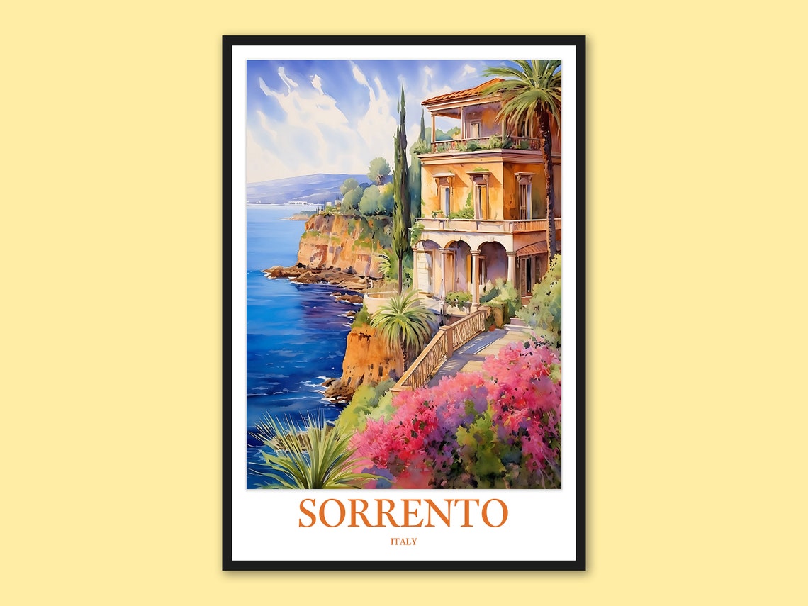 Sorrento Italy Cliffside Villa Bougainvillea Watercolor Poster