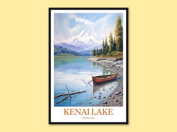 Kenai Lake Alaska Red Canoe on Pebbled Shore Retro Travel Poster