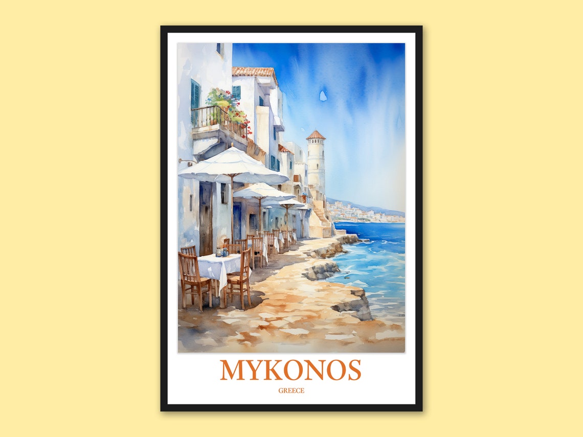 Mykonos Waterfront Promenade White Cafés Watercolor Travel Poster