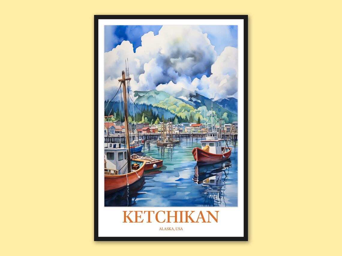 Ketchikan Alaska Harbor Fishing Boats Dramatic Sky Travel Poster