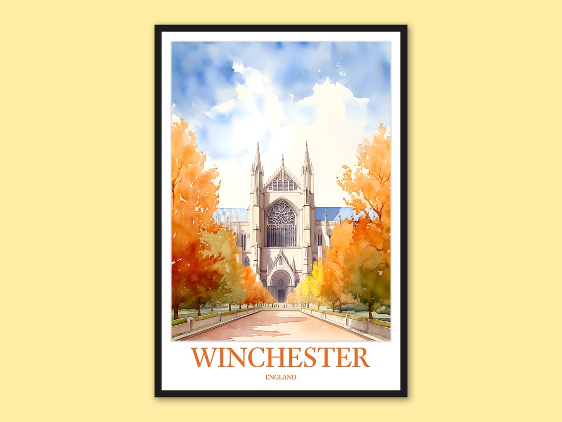 Winchester England Cathedral Autumn Trees Path Watercolor Poster