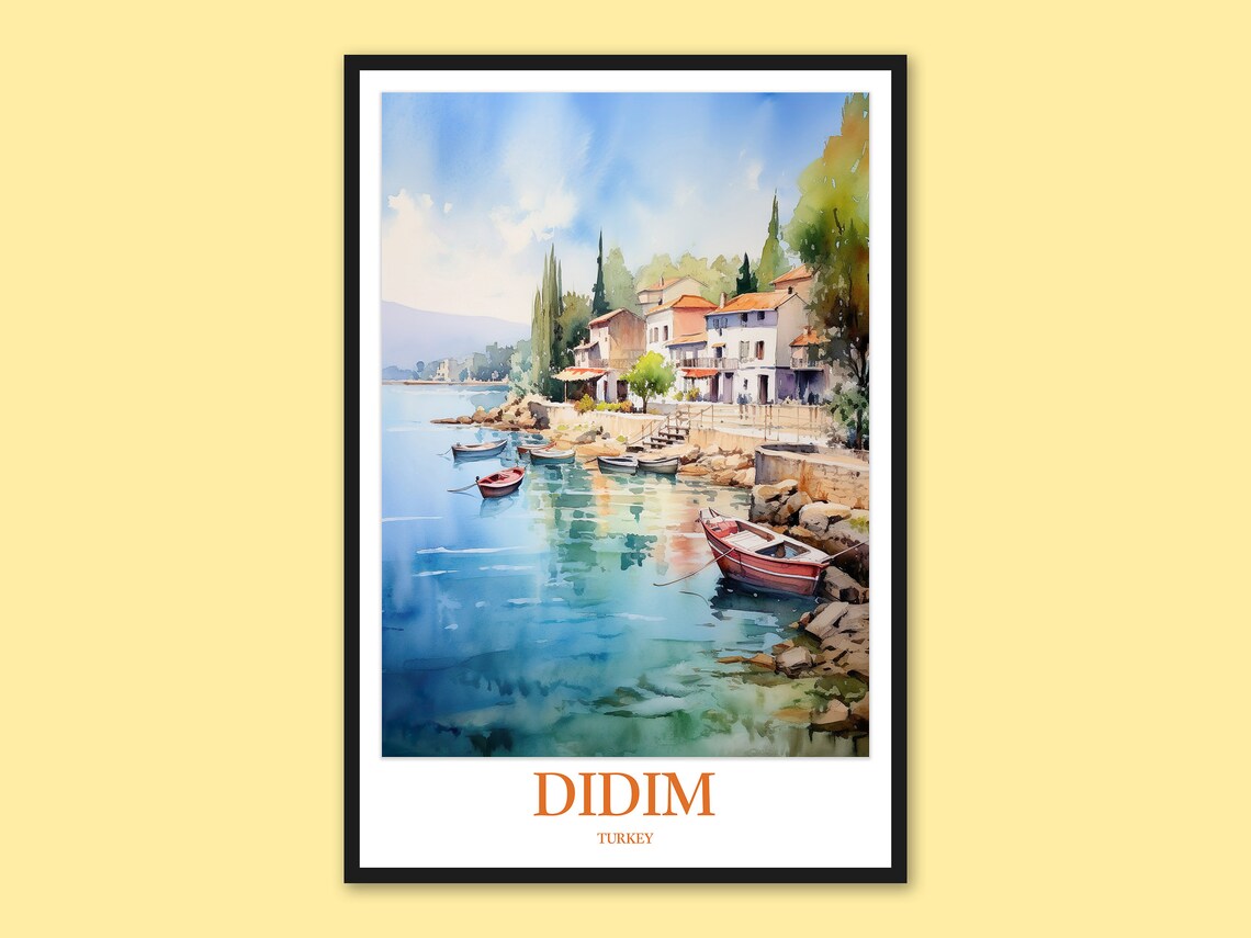 Didim Turkey Watercolor Harbor with Boats Seaside Travel Poster