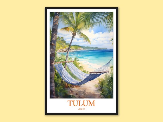 Tulum Mexico Rocky Coast Hammock Beach Watercolor Travel Poster