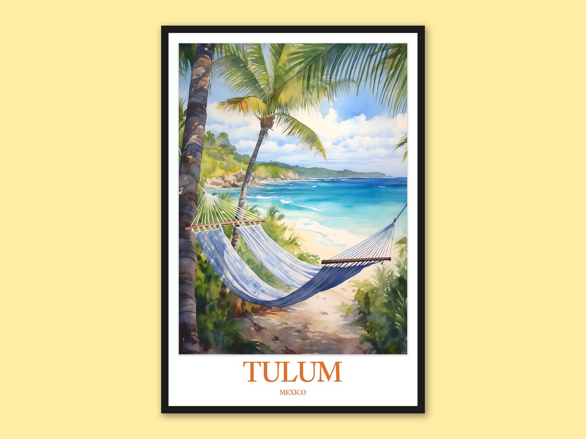Tulum Wall Art Poster Print Decor Travel Mexico Palm Tree Hammock Beach Peaceful Ocean Lover