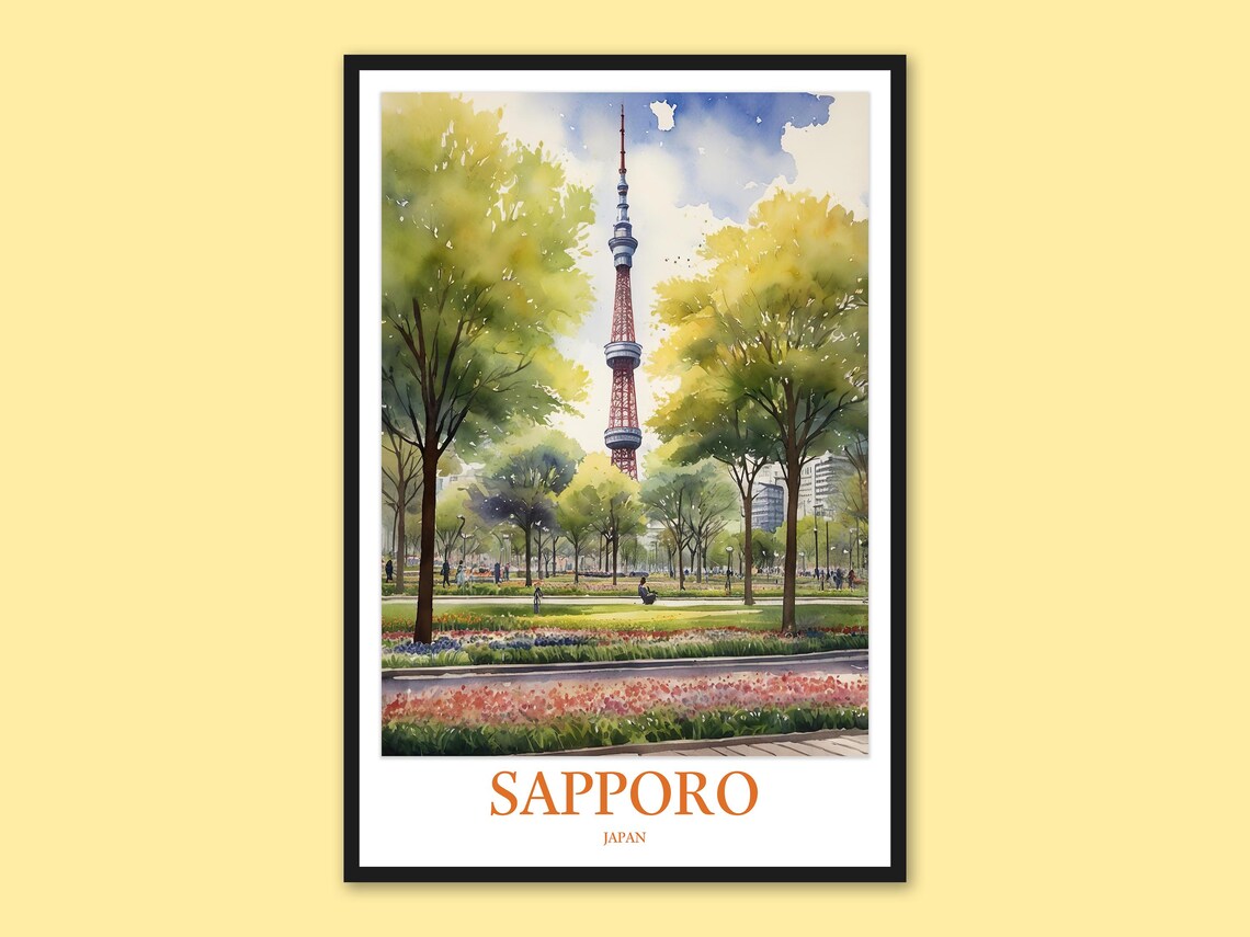 Sapporo Japan Odori Park TV Tower Tulip Gardens Watercolor Poster