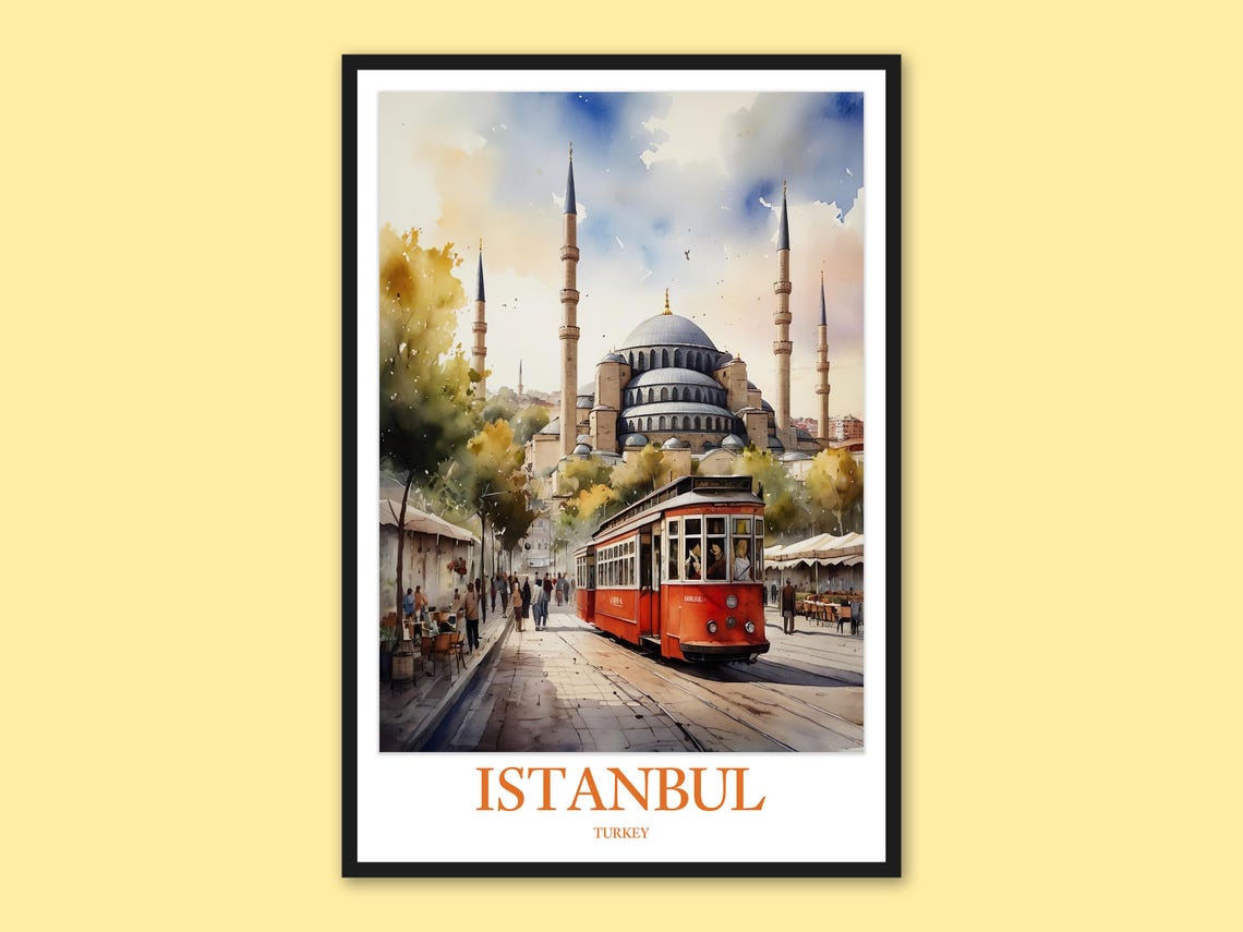 Istanbul Blue Mosque Red Tram Watercolor Travel Decor Poster
