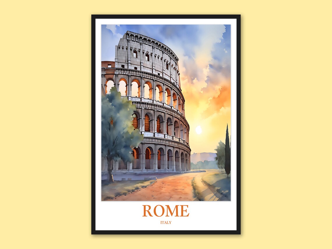 Rome Colosseum Glowing at Sunset Watercolor Italy Travel Poster