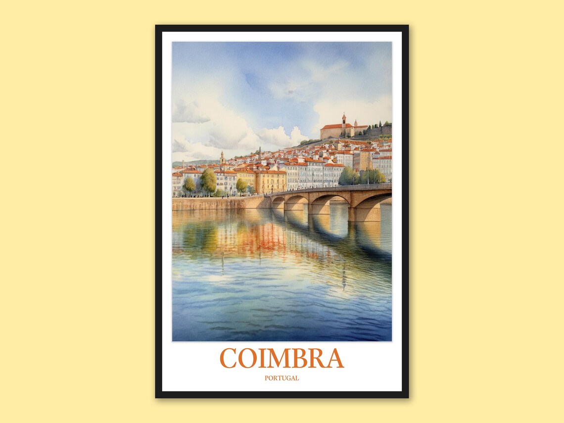 Coimbra Portugal Stone Bridge Riverside Old Town Watercolor Poster
