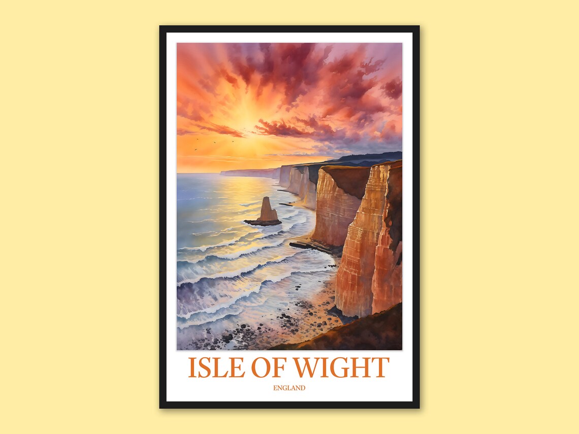 Isle of Wight Towering Cliffs Fiery Sunset Watercolor Travel Poster