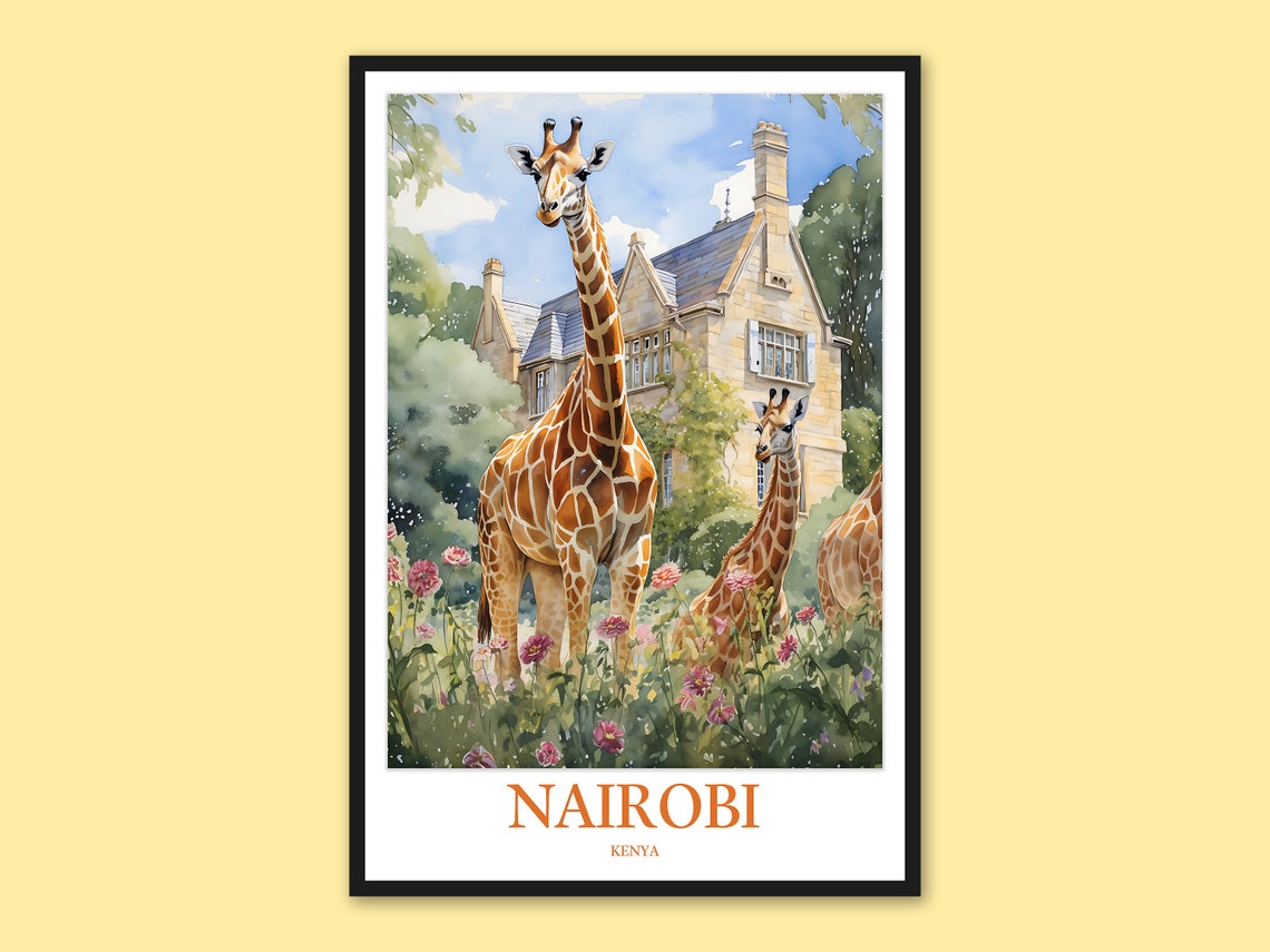 Nairobi Giraffes Watercolor Stone Manor House Kenya Travel Poster