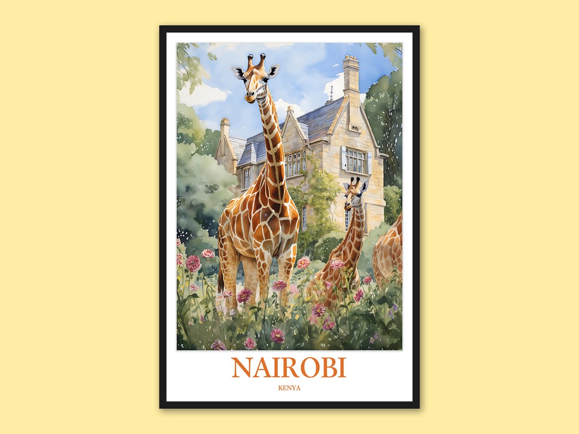 Nairobi Travel Poster Giraffe Watercolor Art Print