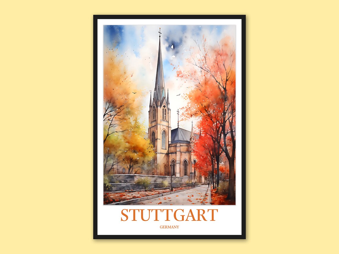Stuttgart Germany Autumn Church Watercolor Street Scene Travel Poster