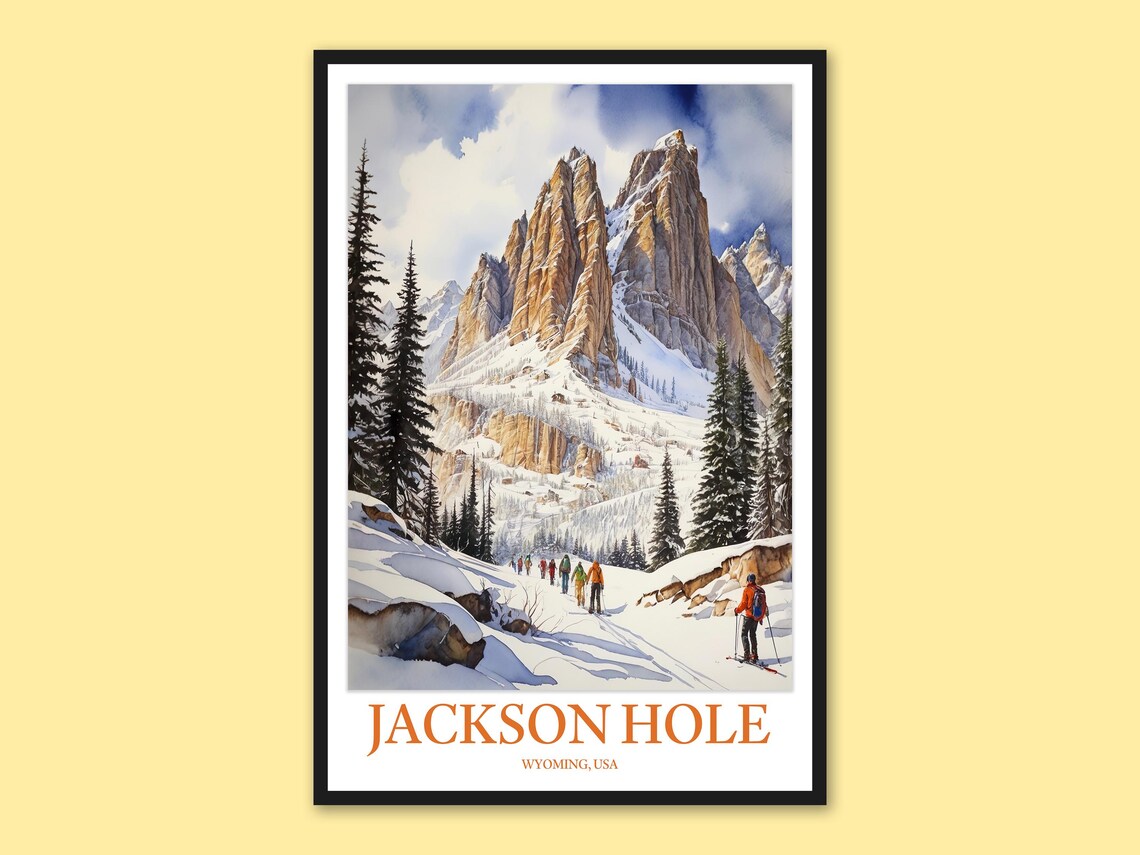 Jackson Hole Wyoming Alpine Skiers Crossing Snowy Valley Travel Poster