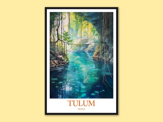 Tulum Mexico Jungle Cenote Watercolor Exotic Scene Travel Poster