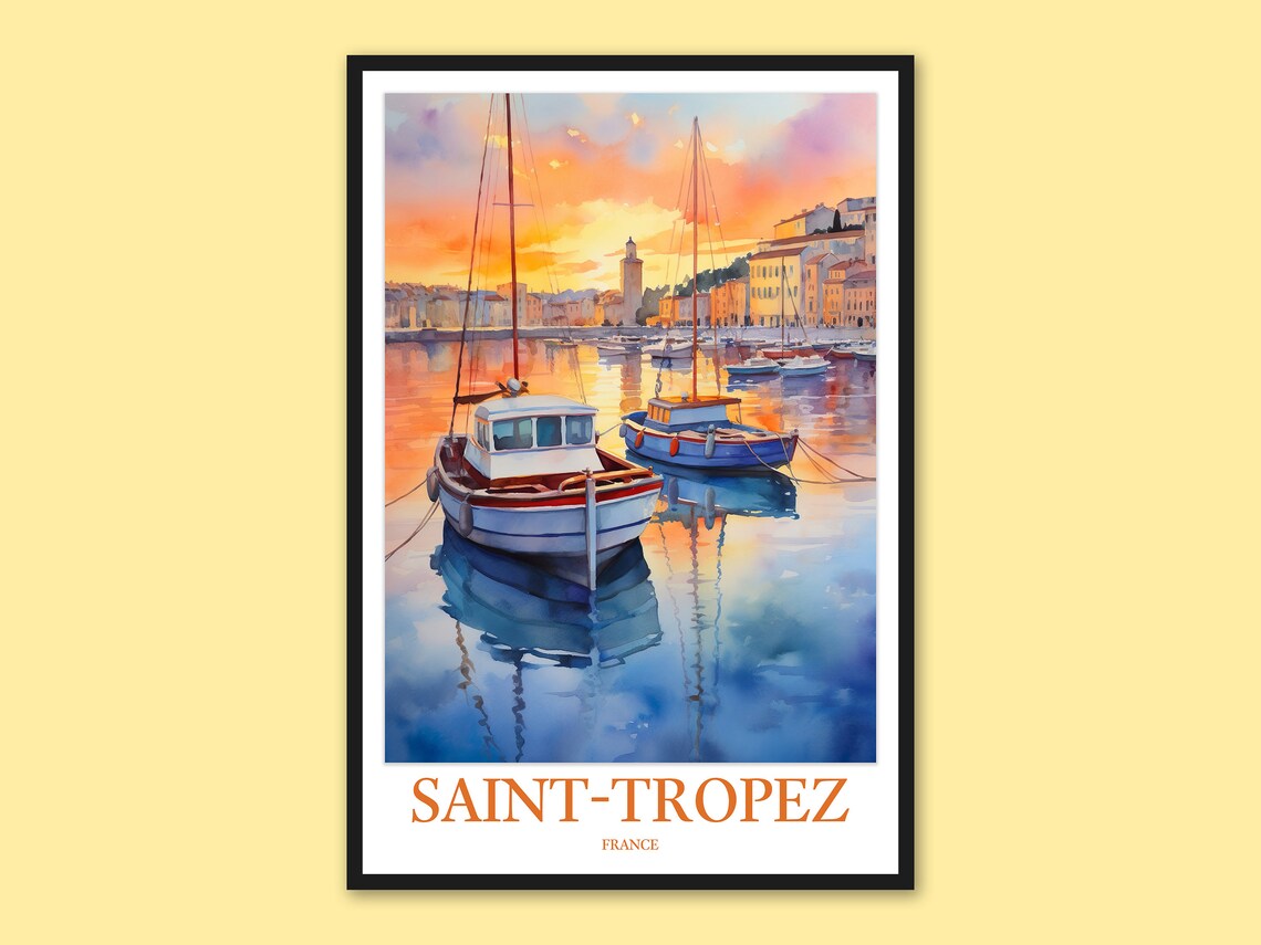Saint-Tropez Golden Sunset Boats Harbor Watercolor Travel Poster