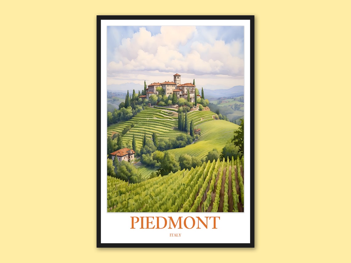 Piedmont Italy Vineyard Hills Castle Watercolor Travel Poster