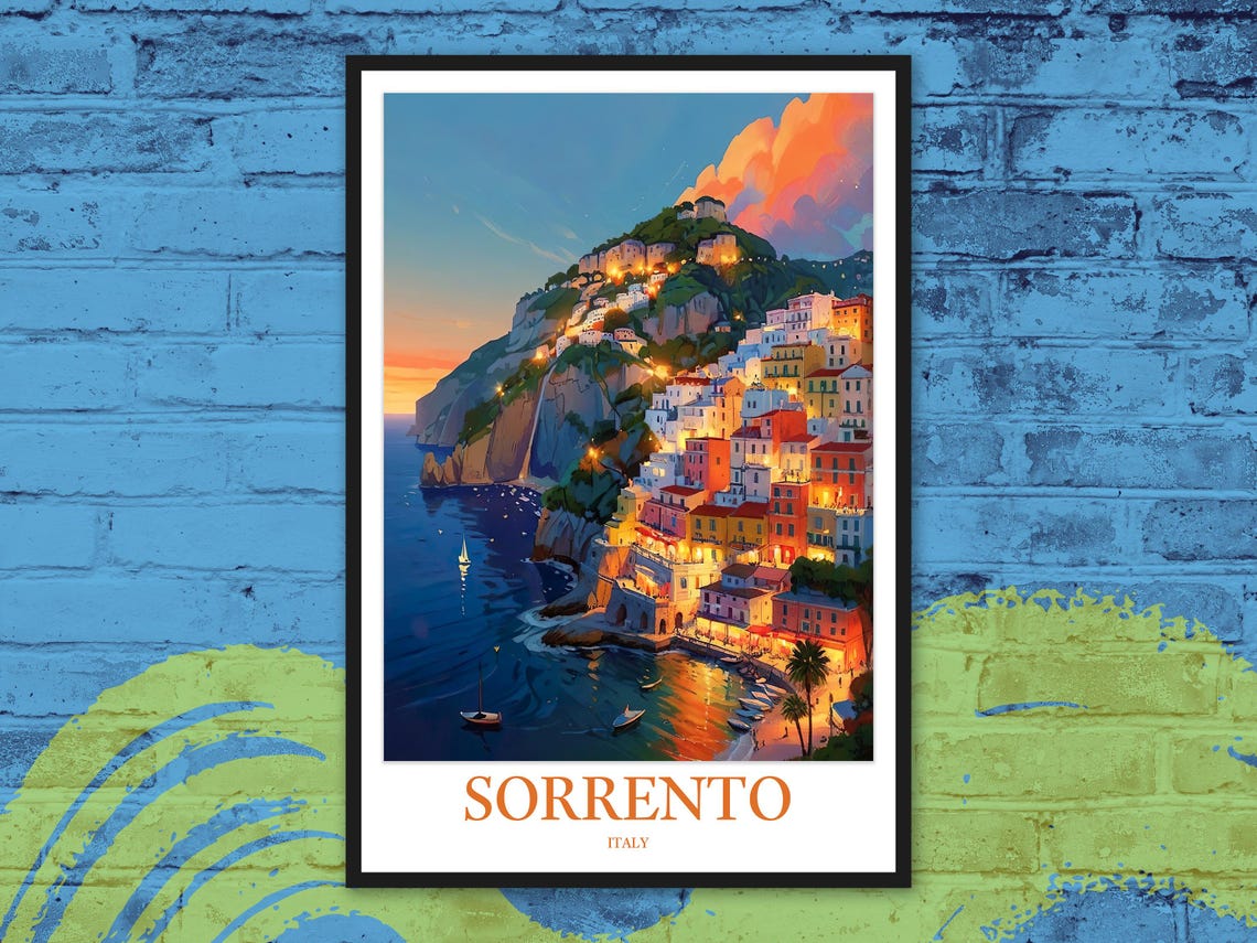 Sorrento Italy Twilight Cliffside Village Lights Travel Poster