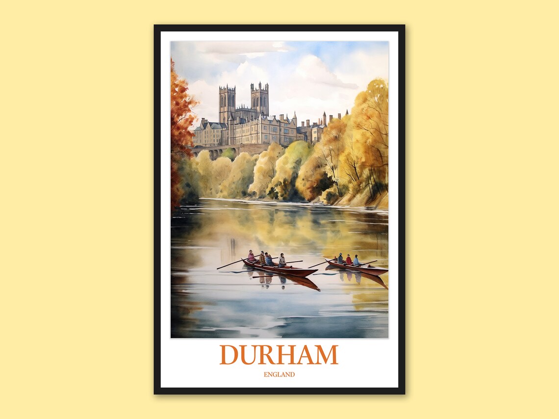 Durham Cathedral Rowers On River Wear Autumn Watercolor Poster