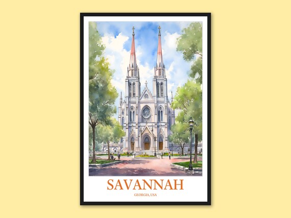 Savannah Georgia Twin Spired Cathedral Watercolor Travel Poster