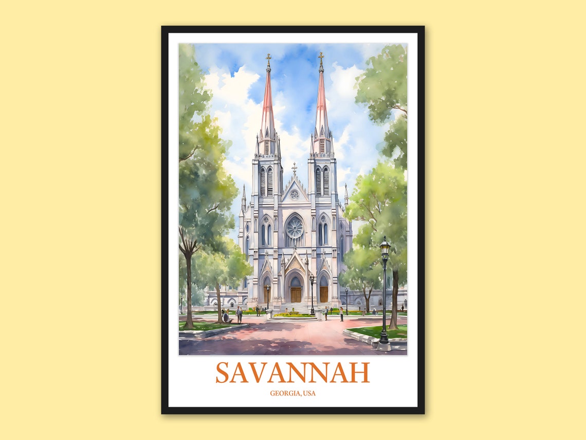 Savannah Georgia Twin Spired Cathedral Watercolor Travel Poster