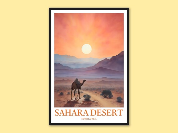 Sahara Desert Camel at Sunrise Pastel Watercolor Travel Poster