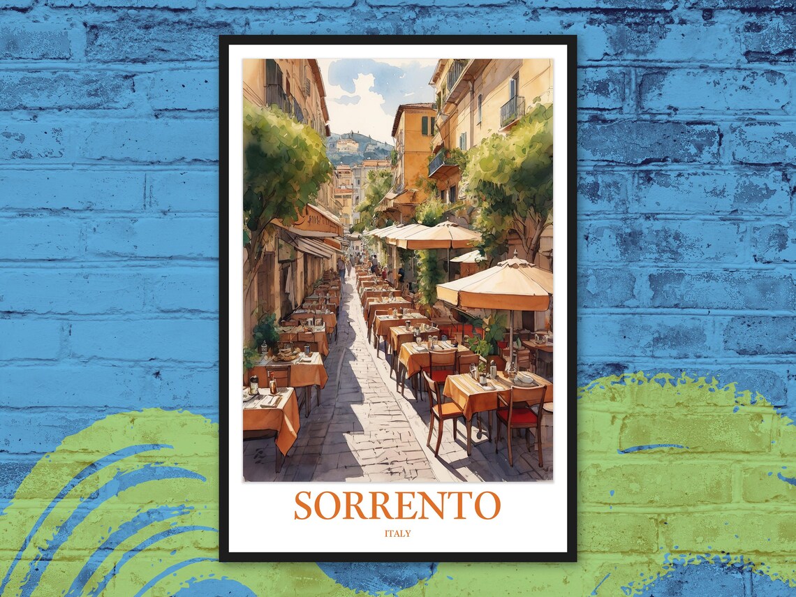 Sorrento Italy Watercolor Old Town Cafe Street Sunlit Travel Poster