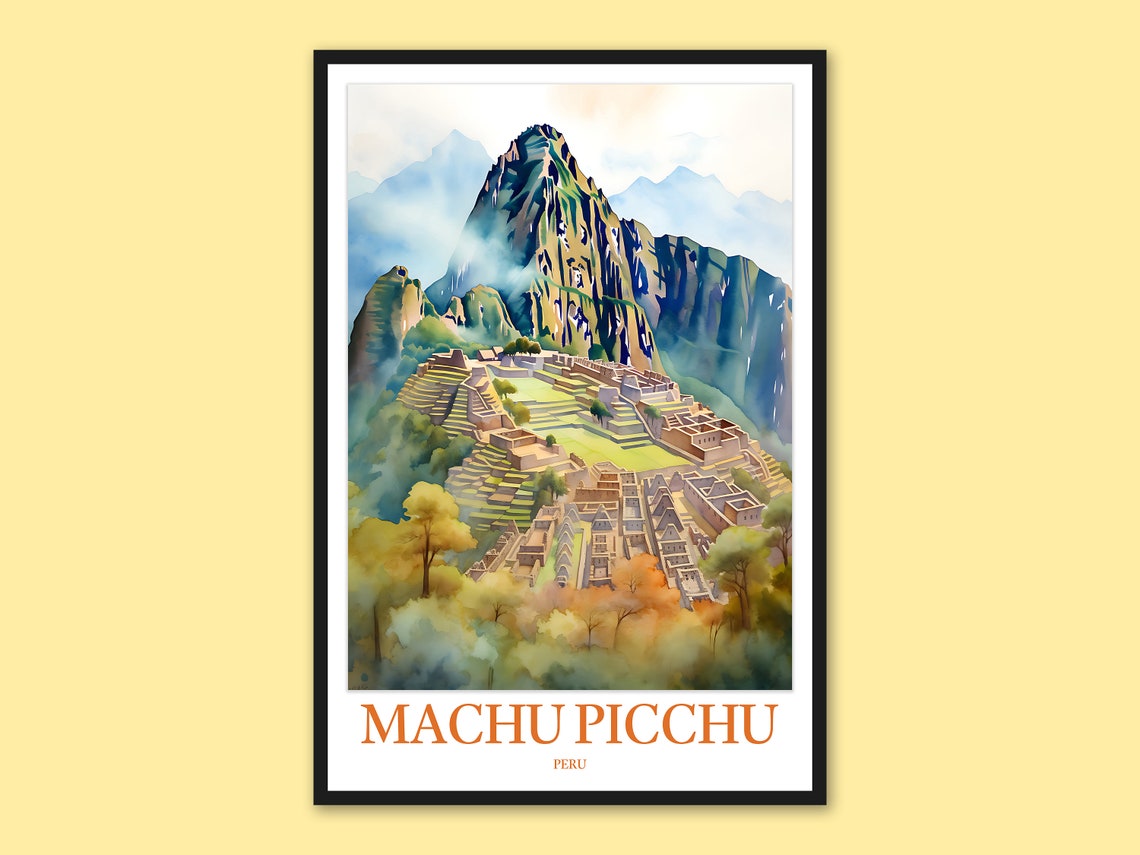 Machu Picchu Ancient Ruins Mist Watercolor Peru Travel Poster