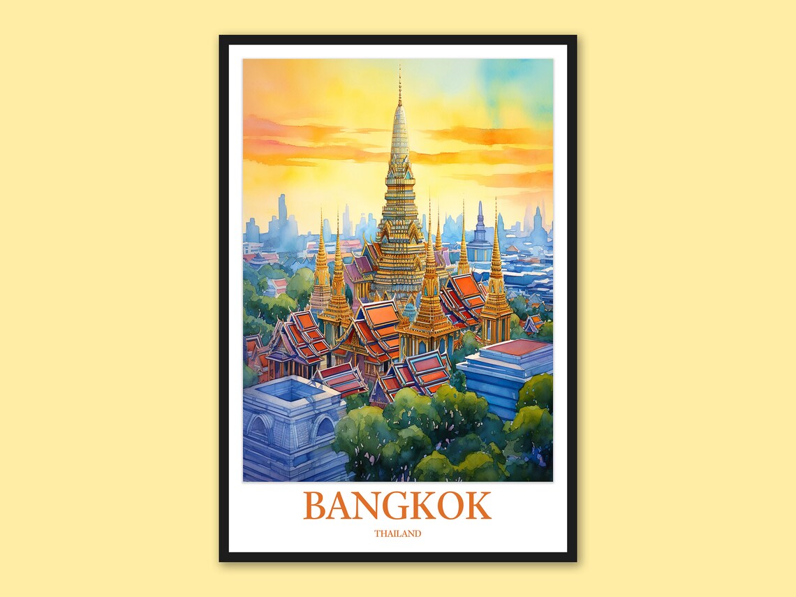 Bangkok Grand Palace Golden Morning Watercolor Thailand Travel Poster