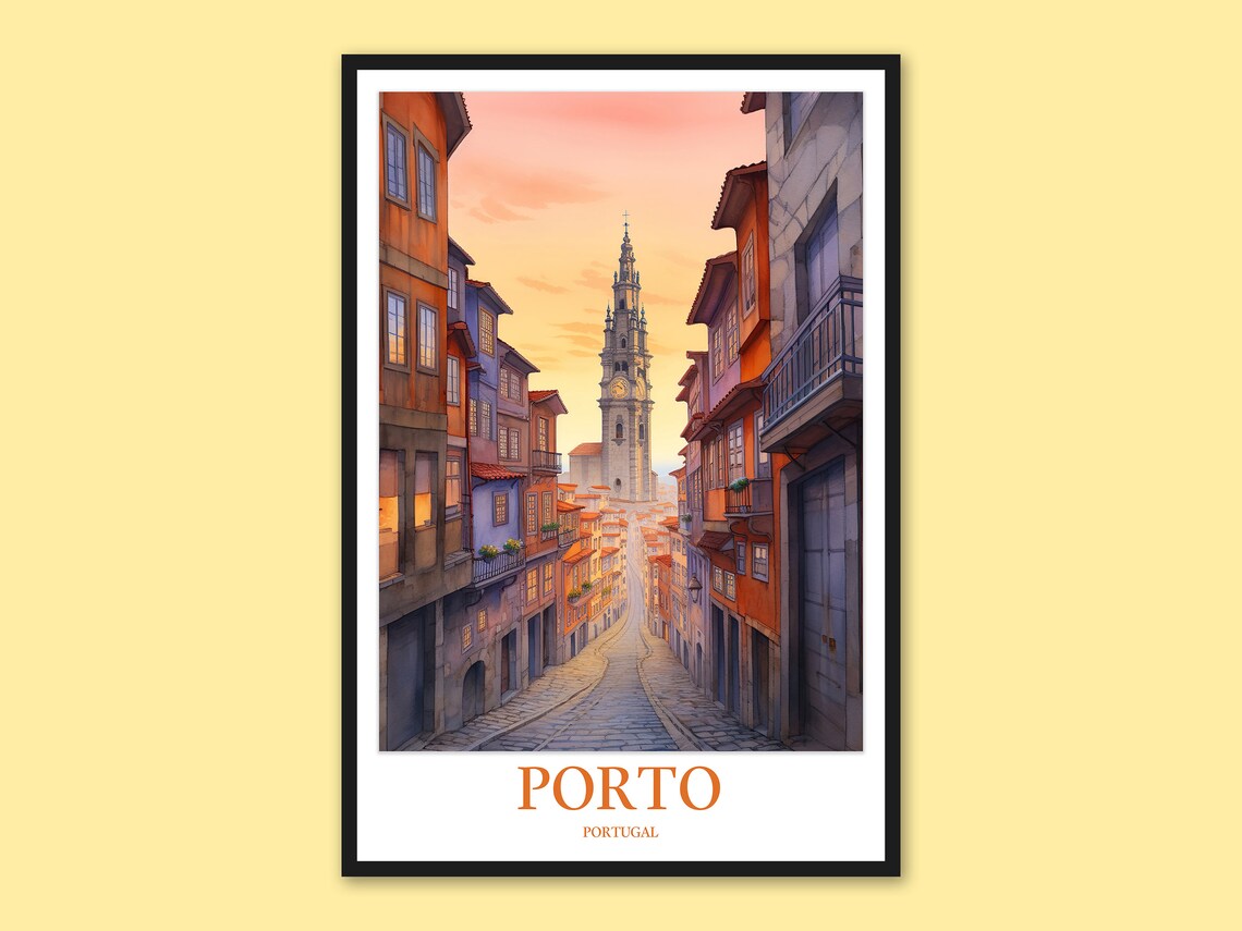 Porto Portugal Old Street Clerigos Tower Sunset Watercolor Poster