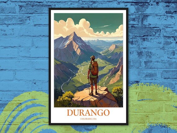 Durango Colorado Hiker On Cliff Mountain View Vintage Travel Poster