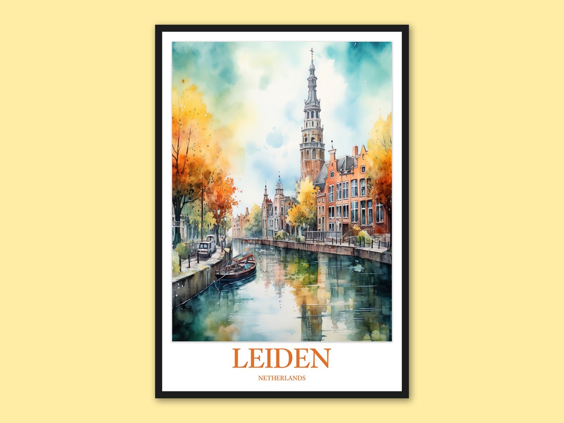 Leiden Netherlands Canal Historic Tower Watercolor Travel Poster