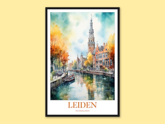 Leiden Netherlands Canal Historic Tower Watercolor Travel Poster