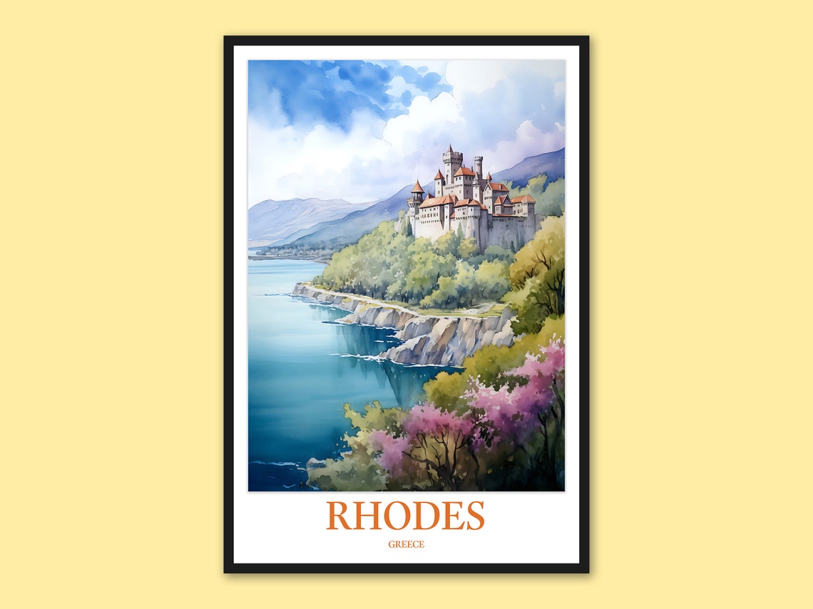 Rhodes Greece Cliffside Castle Over the Aegean Sea Watercolor Poster
