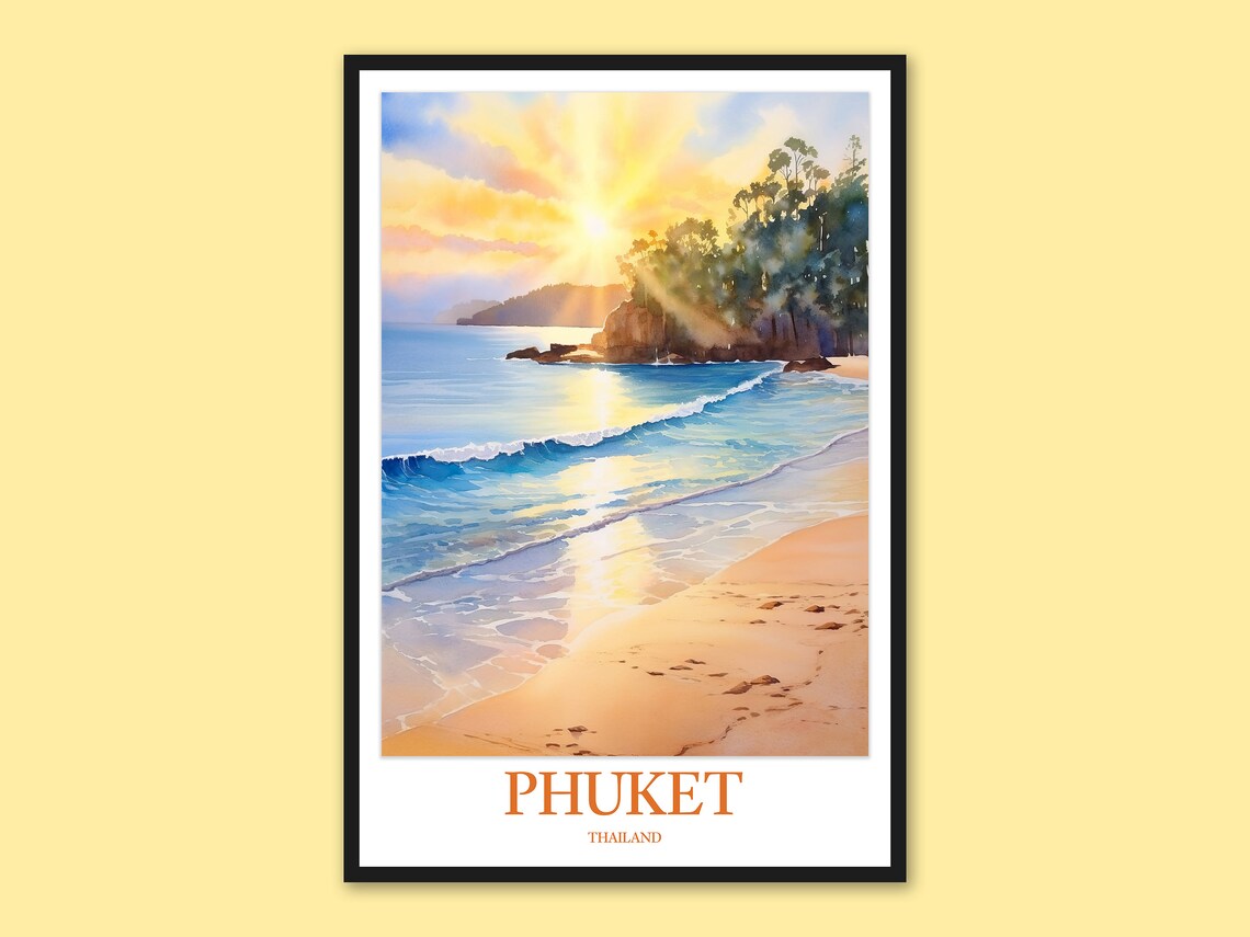 Phuket Thailand Sunrise Beach Waves Watercolor Travel Poster