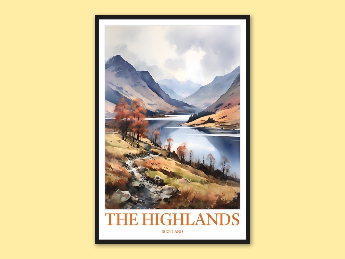 Scottish Highlands Misty Lake Valley Autumn Watercolor Travel Poster