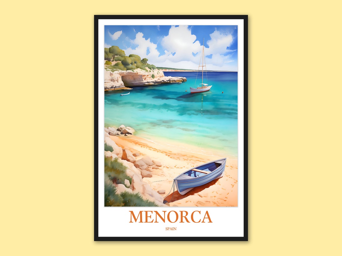 Menorca Spain Sailboat Anchored in a Turquoise Cove Scene Poster
