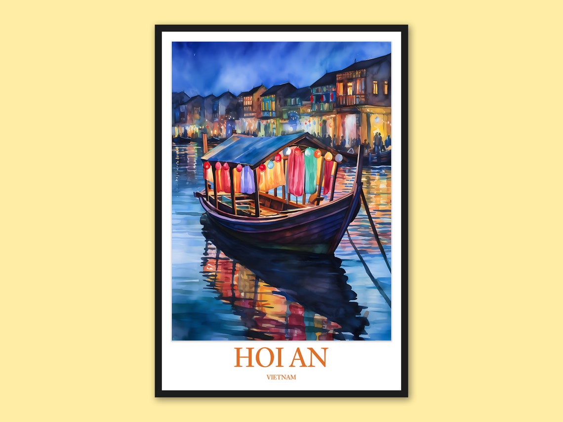 Hoi An Vietnam Glowing Lantern Boat Night Watercolor Travel Poster