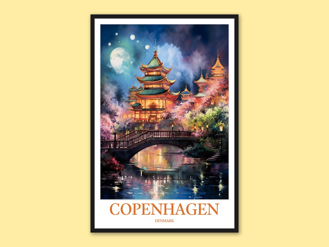 Illuminated Asian Pagoda Temple Night Moon Watercolor Poster