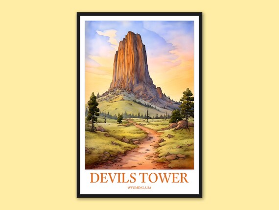 Devils Tower Wyoming Sunset Trail Watercolor National Park Travel Poster