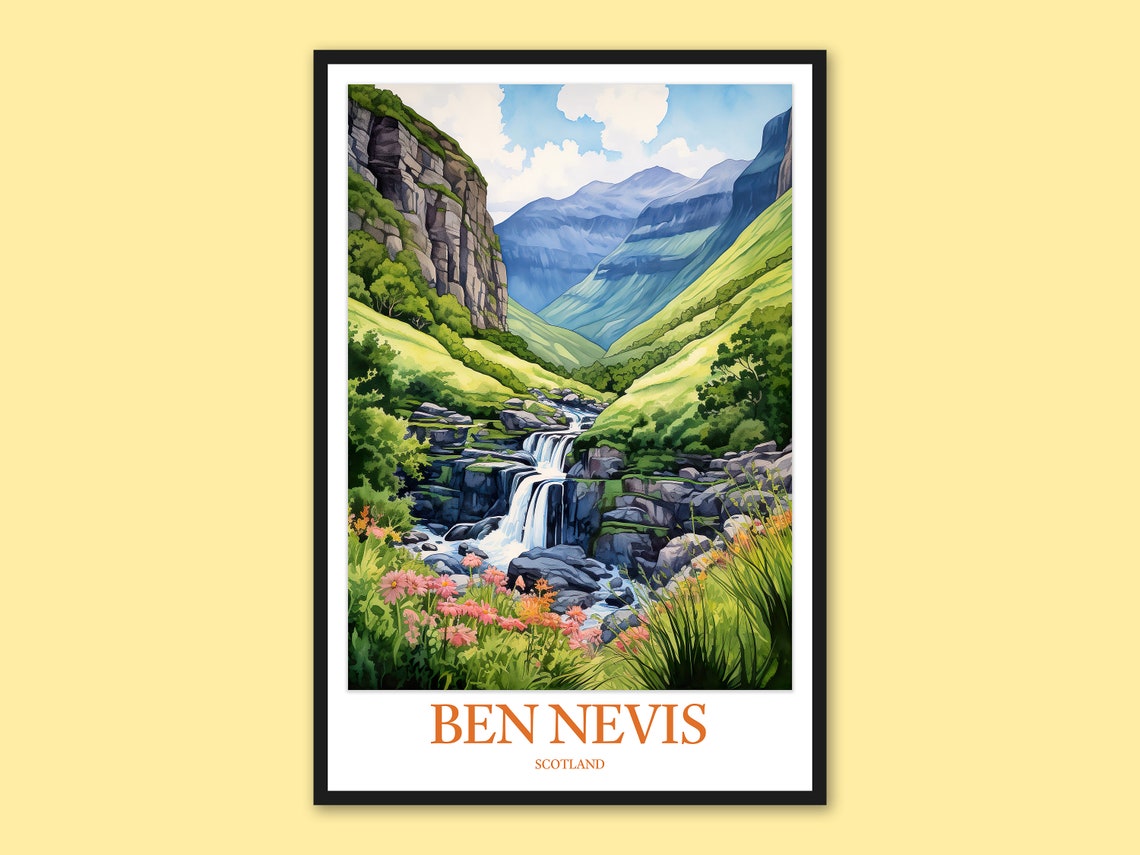 Ben Nevis Scotland Waterfall Cliffs Pink Flower Meadow Poster