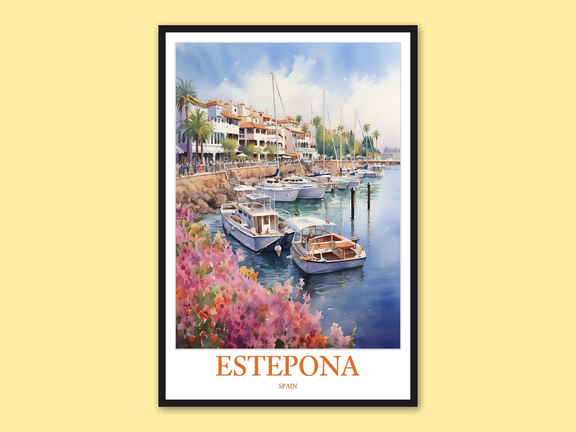 Estepona Marina Sailboats Watercolor Poster, Spain Travel Gift Art