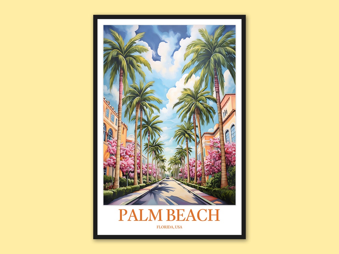 Palm Beach Florida Palm Lined Avenue Poster with Pink Flowering Trees