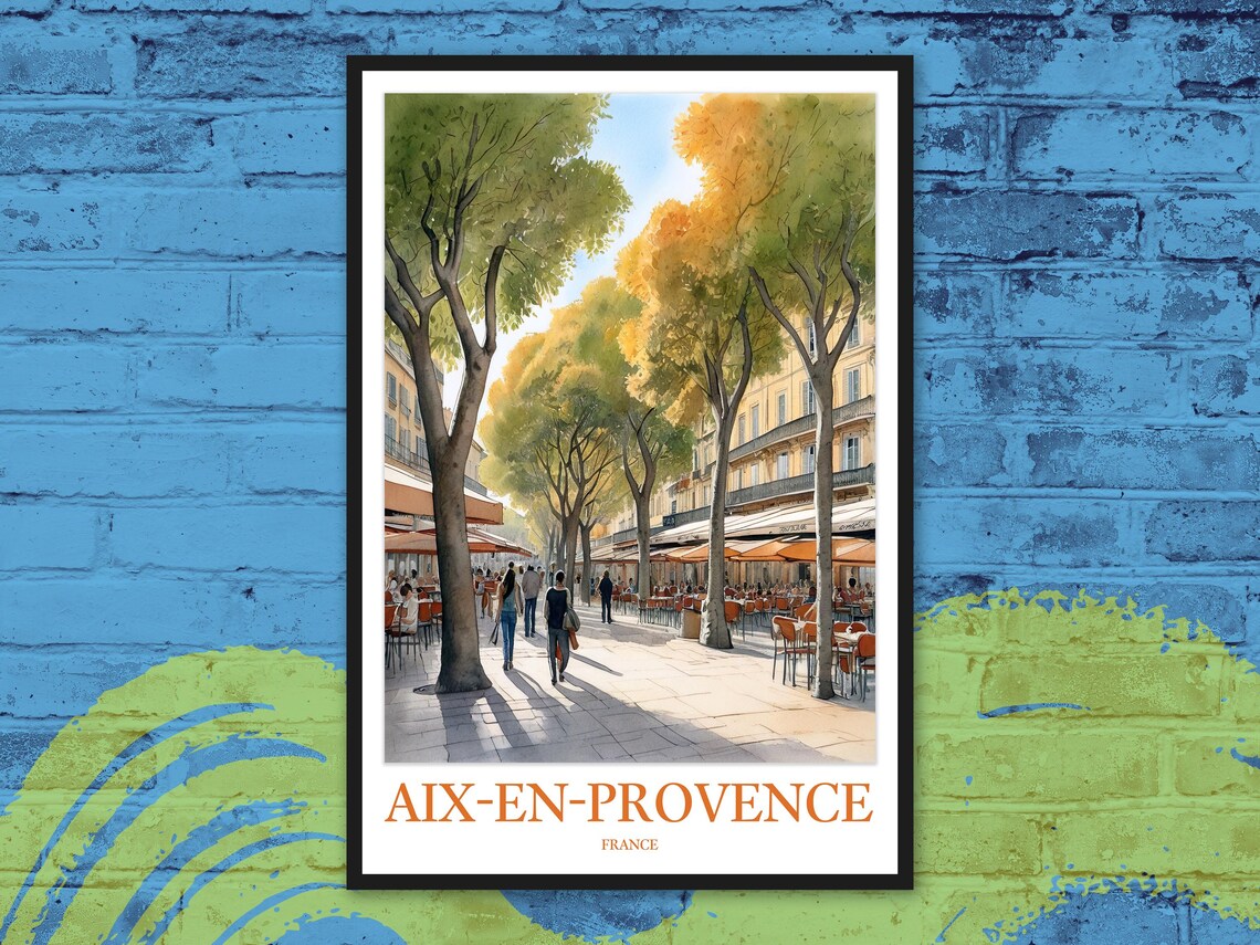Aix-en-Provence Tree-Lined Cafe Square Watercolor Travel Poster France
