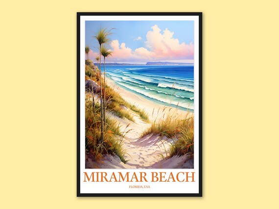 Miramar Beach Florida Watercolor Travel Poster Sand Dune Path Palms Sunset
